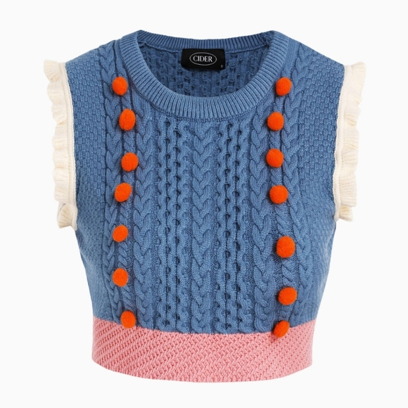 Cider Crop Sweater Vest Ruffle Pom Pom Cable Knit BOHO Blue Pink Orange LG NWT - Picture 3 of 14